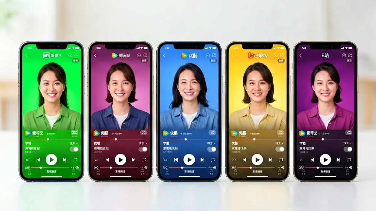 视频平台界面对比图：多个手机屏幕并排展示不同平台的播放器界面，包含播放按钮、清晰度选项、进度条等交互元素