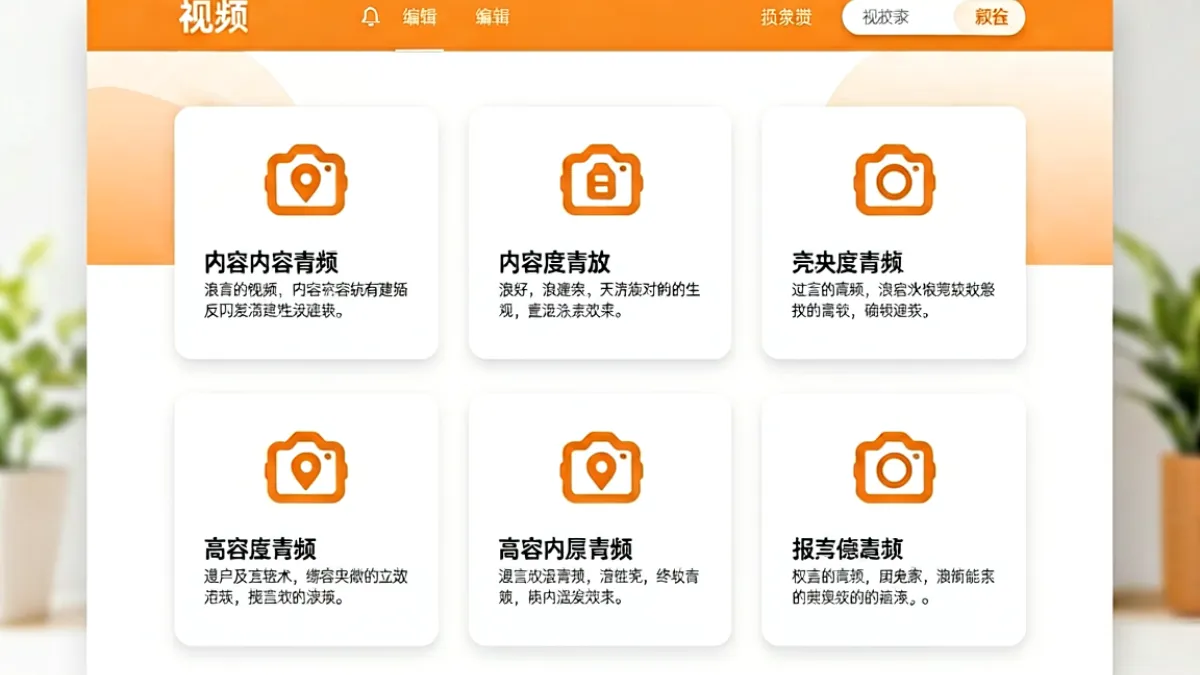 香蕉视频在线首页界面展示：橙色主题色调下，五个清晰的内容分类卡片整齐排列在白色背景上，每张卡片配有简洁图标和简短说明文字，整体视觉干净有序
