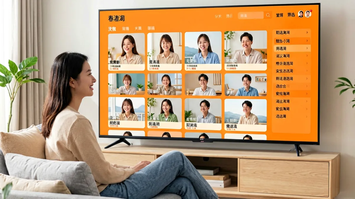 用户在大屏设备上浏览香蕉视频在线分类页面，屏幕上显示橙色主题的内容卡片网格，右侧边栏有分类筛选选项，场景为现代简约风格的家庭客厅环境