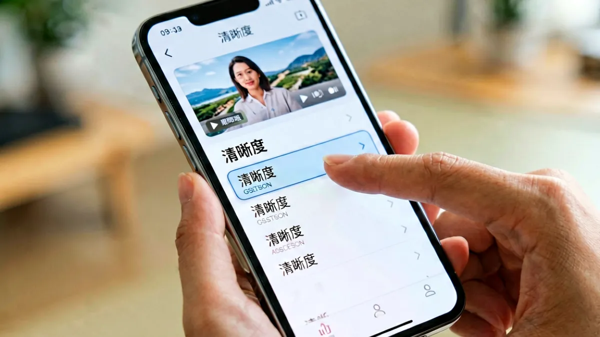 手机屏幕上展示香蕉视频在线的清晰度设置界面，手指正在拖动清晰度选择滑块，背景虚化处理突出操作细节