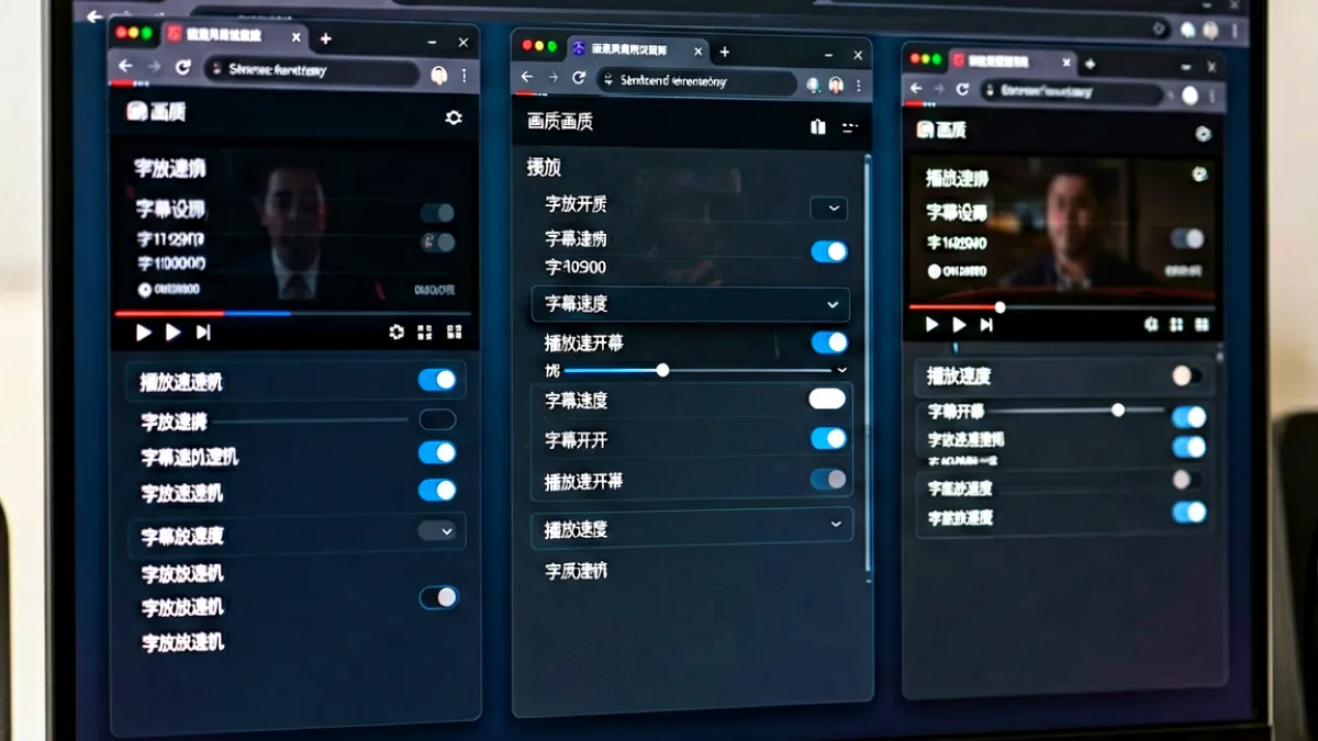 多台浏览器窗口并排打开视频播放页面，每个窗口显示不同的画质选项和字幕设置界面